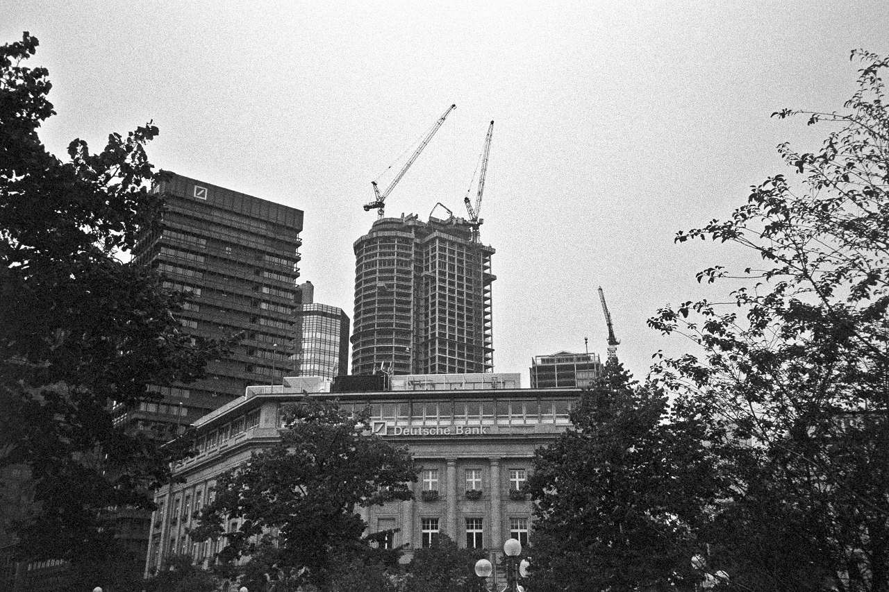 Construction of MAIN TOWER. This image was taken 13 years ago on a black and white film.