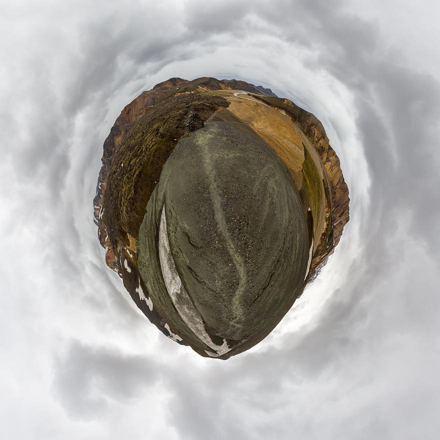 Reprojected panorama on the way to Bláhnjúkur (Blue Peak, Iceland).